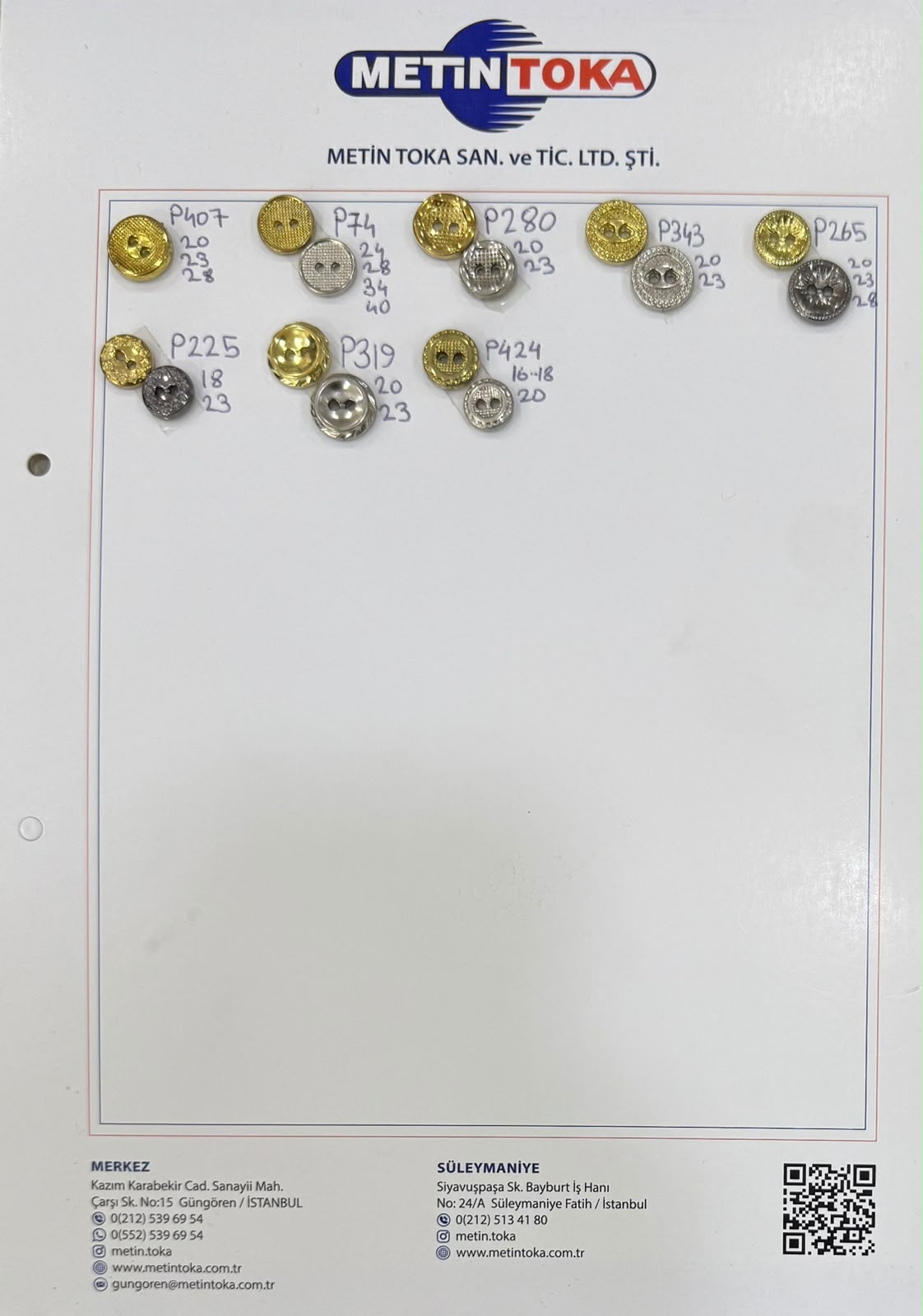 Metallized Crested and Patterned Button Sample Cards