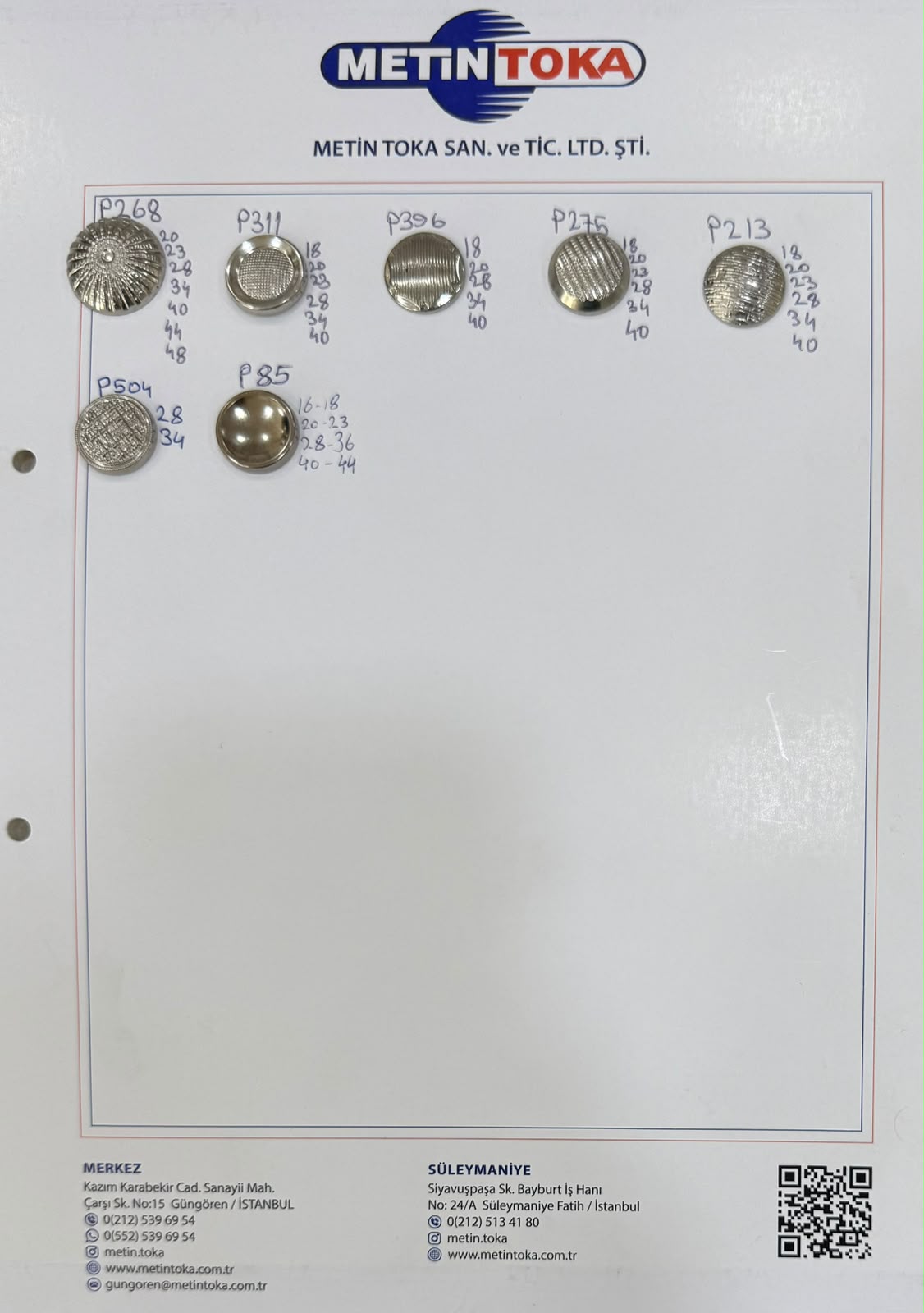 Metallized Crested and Patterned Button Sample Cards